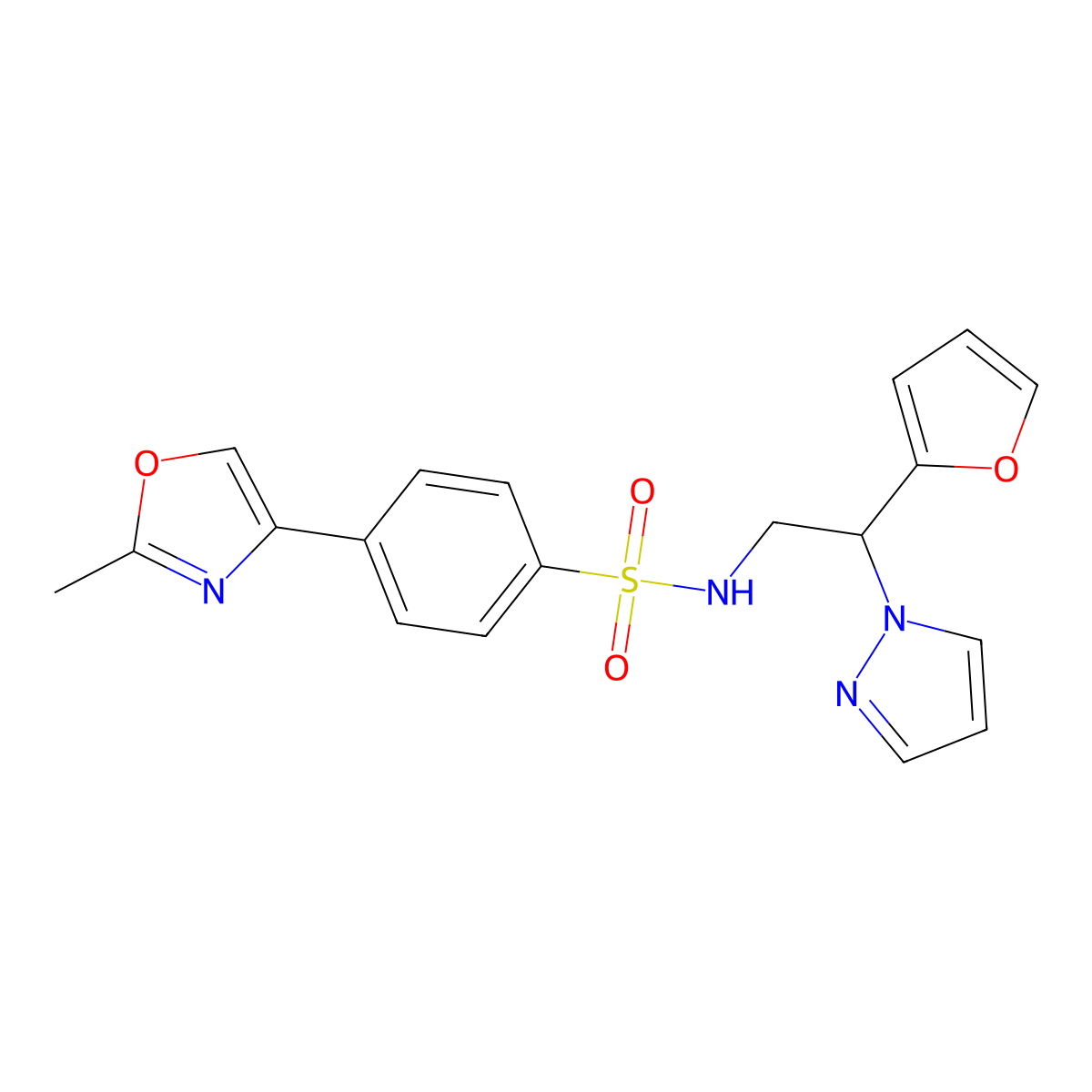 N-(2-(furan-2-yl)-2-(1H-pyrazol-1-yl)ethyl)-4-(2-methyloxazol-4-yl)benzenesulfonamide molecular structure, CAS 2034567-56-9