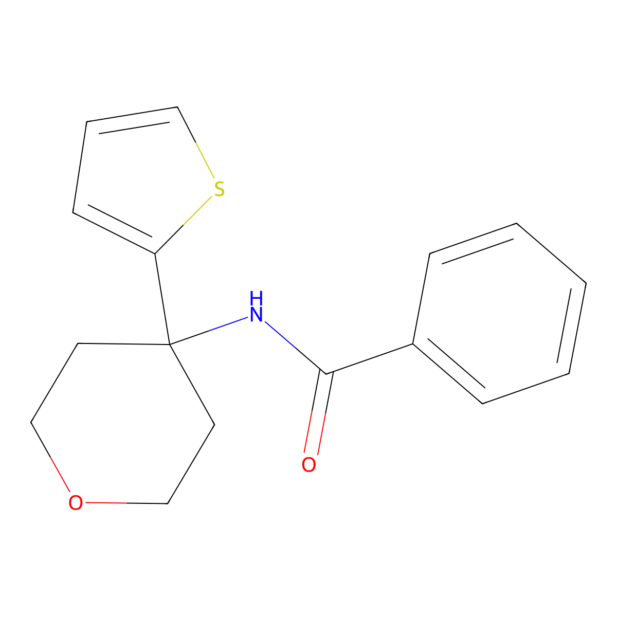 N-(4-(thiophen-2-yl)tetrahydro-2H-pyran-4-yl)benzamide molecular structure, CAS 2034567-70-7