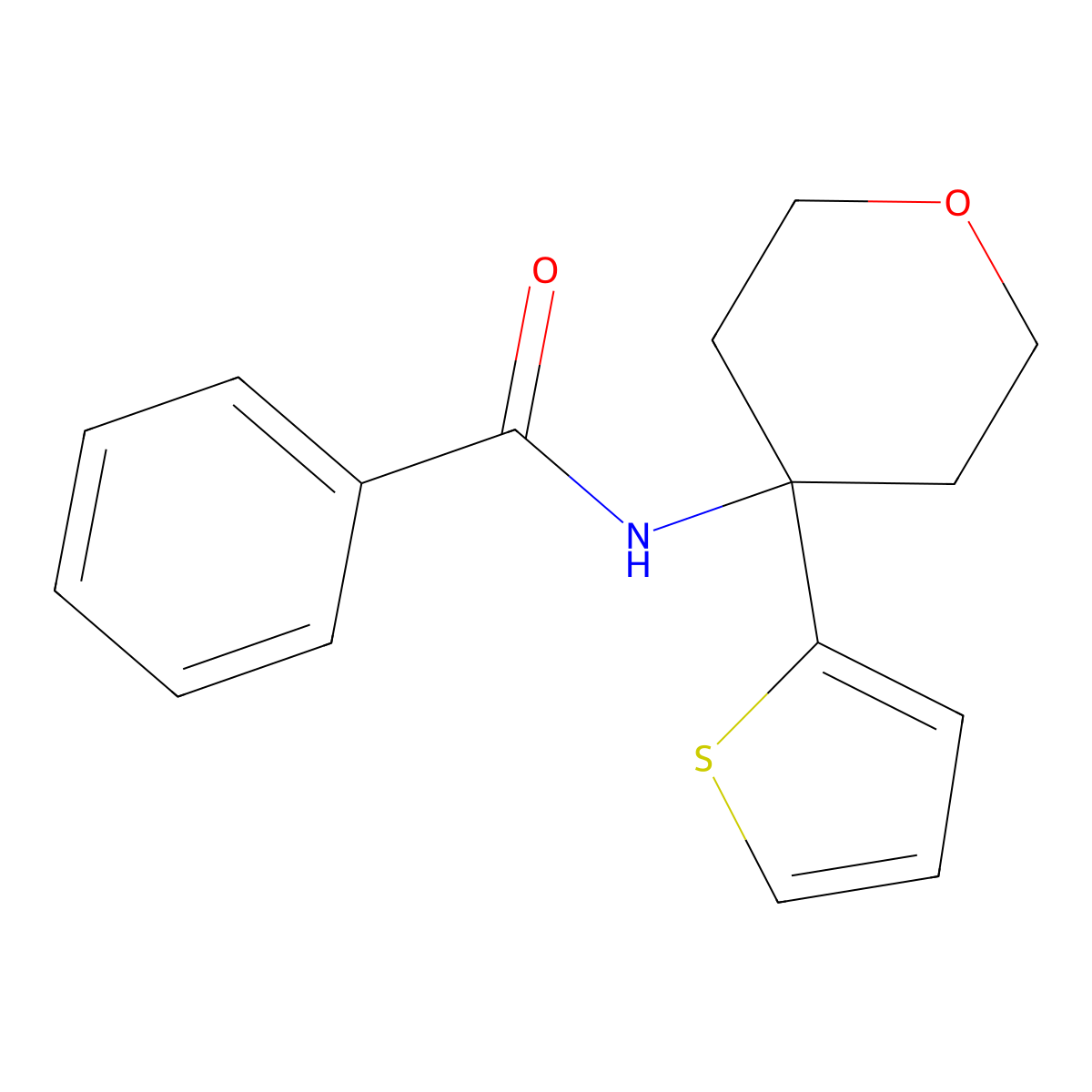 N-(4-(thiophen-2-yl)tetrahydro-2H-pyran-4-yl)benzamide molecular structure, CAS 2034567-70-7