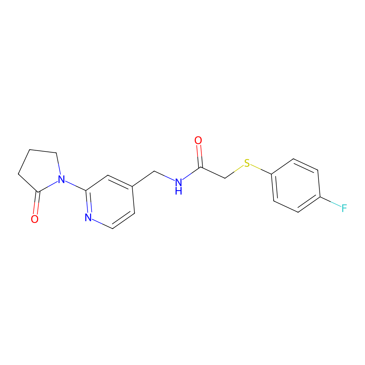 2-((4-fluorophenyl)thio)-N-((2-(2-oxopyrrolidin-1-yl)pyridin-4-yl)methyl)acetamide molecular structure, CAS 2034567-73-0