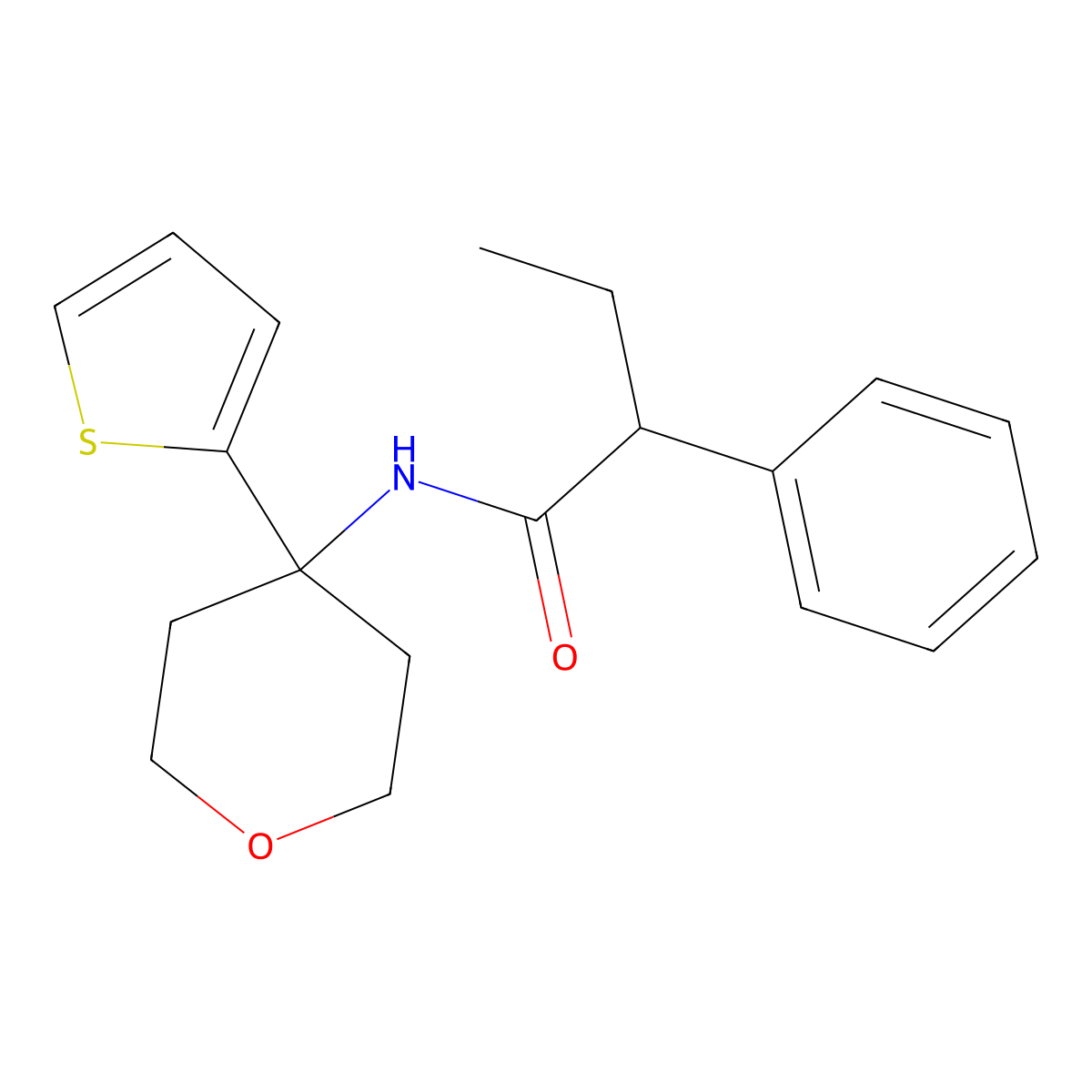 2-phenyl-N-(4-(thiophen-2-yl)tetrahydro-2H-pyran-4-yl)butanamide molecular structure, CAS 2034567-77-4