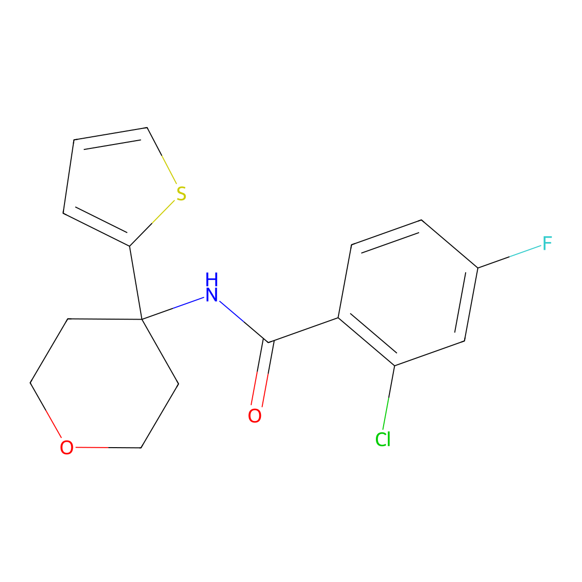 2-chloro-4-fluoro-N-(4-(thiophen-2-yl)tetrahydro-2H-pyran-4-yl)benzamide molecular structure, CAS 2034567-85-4