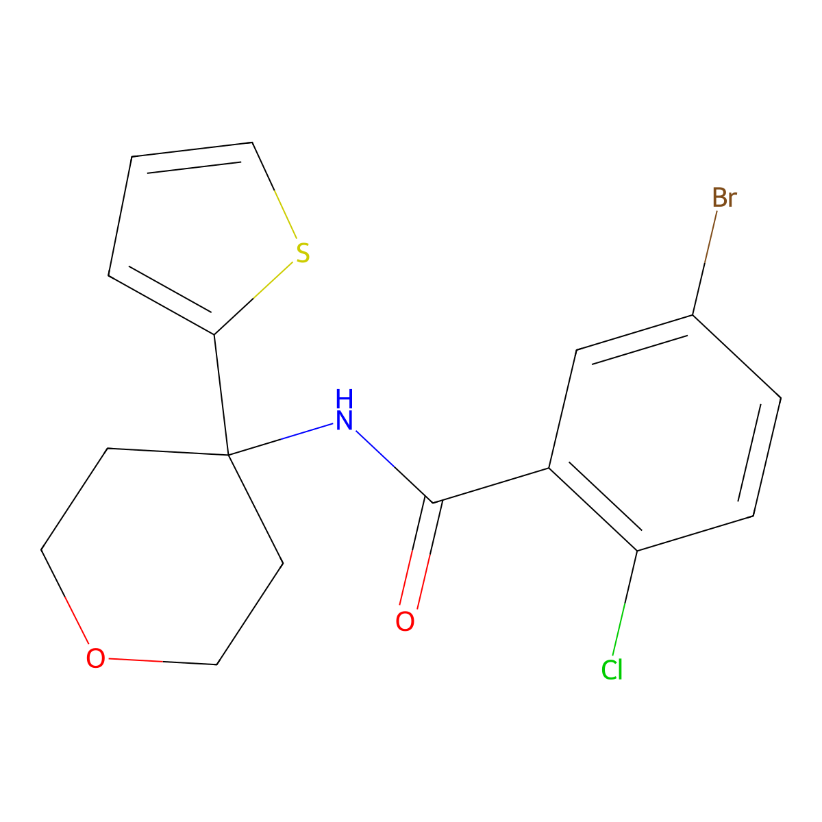 5-bromo-2-chloro-N-(4-(thiophen-2-yl)tetrahydro-2H-pyran-4-yl)benzamide molecular structure, CAS 2034567-96-7