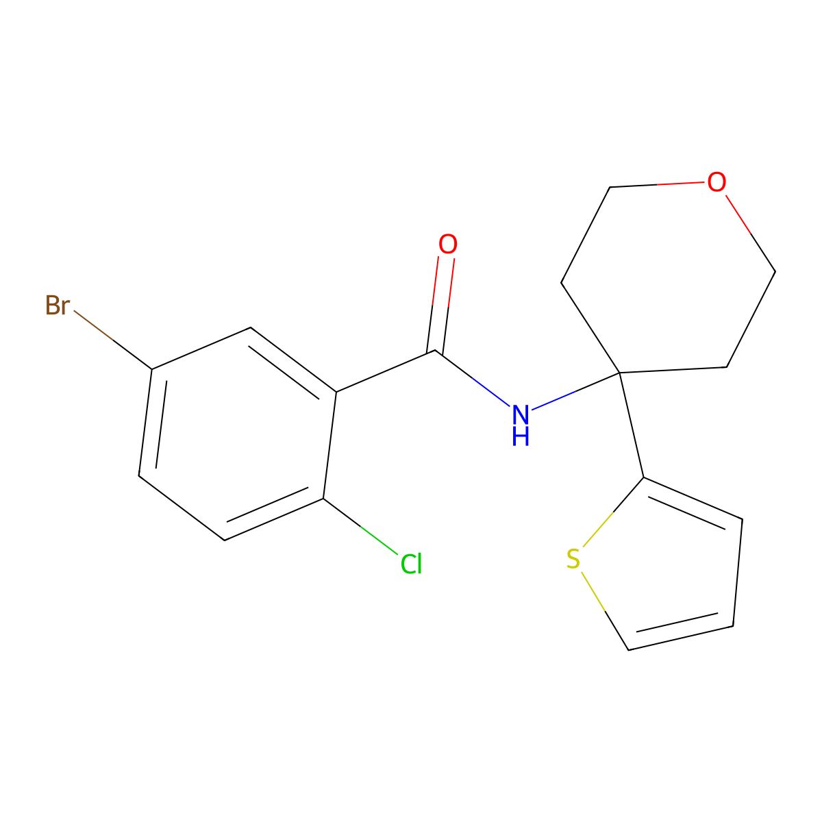 5-bromo-2-chloro-N-(4-(thiophen-2-yl)tetrahydro-2H-pyran-4-yl)benzamide molecular structure, CAS 2034567-96-7
