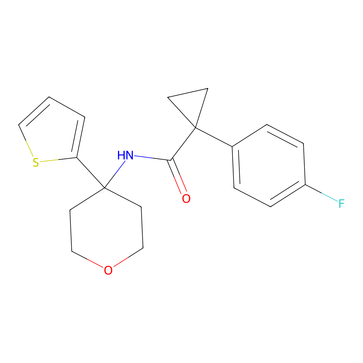 1-(4-fluorophenyl)-N-(4-(thiophen-2-yl)tetrahydro-2H-pyran-4-yl)cyclopropanecarboxamide molecular structure, CAS 2034568-03-9