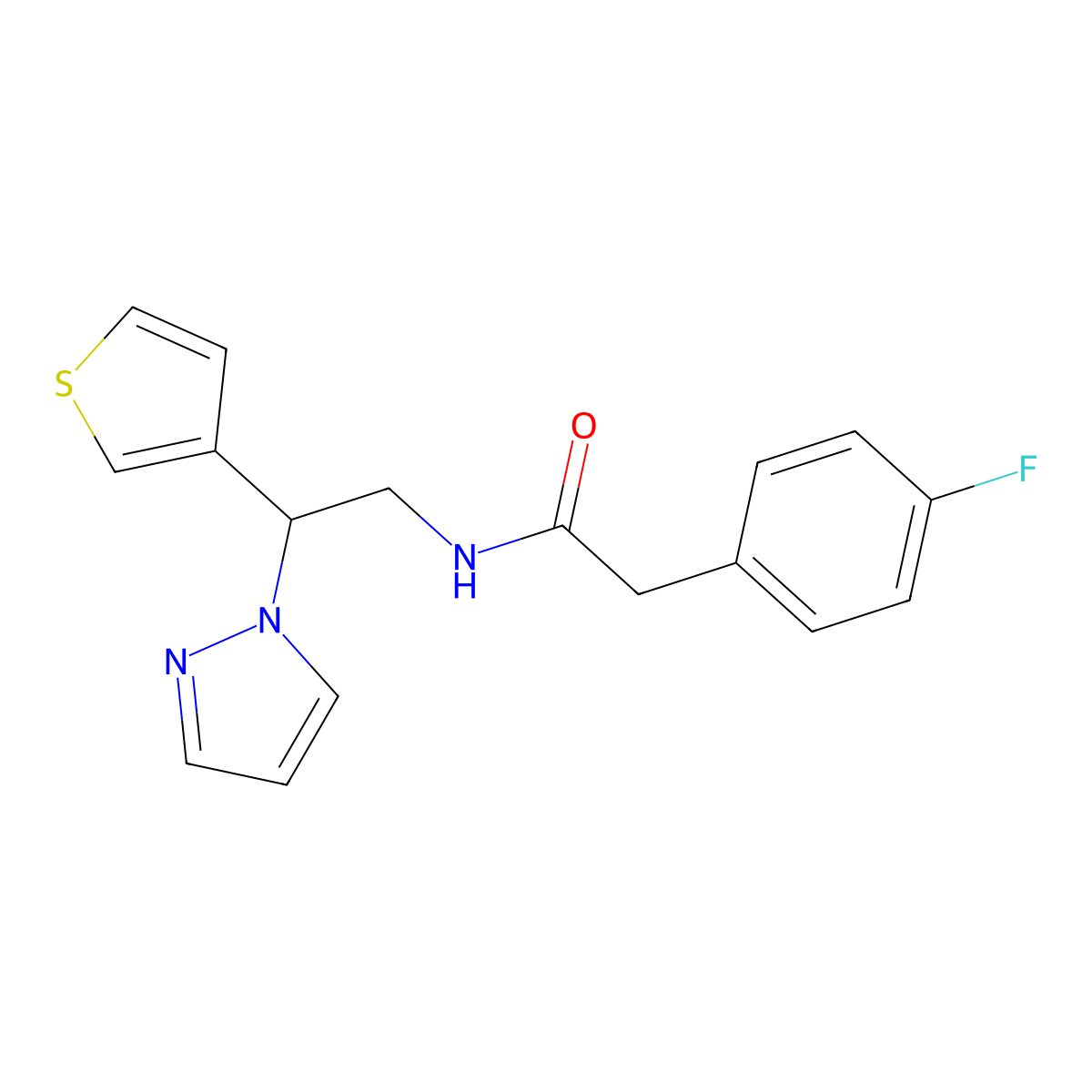 N-(2-(1H-pyrazol-1-yl)-2-(thiophen-3-yl)ethyl)-2-(4-fluorophenyl)acetamide molecular structure, CAS 2034568-04-0