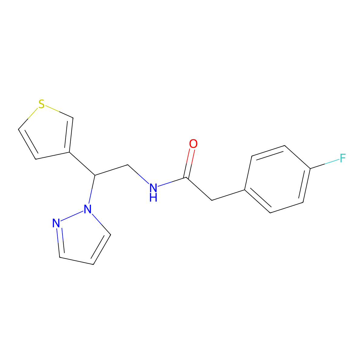 N-(2-(1H-pyrazol-1-yl)-2-(thiophen-3-yl)ethyl)-2-(4-fluorophenyl)acetamide molecular structure, CAS 2034568-04-0