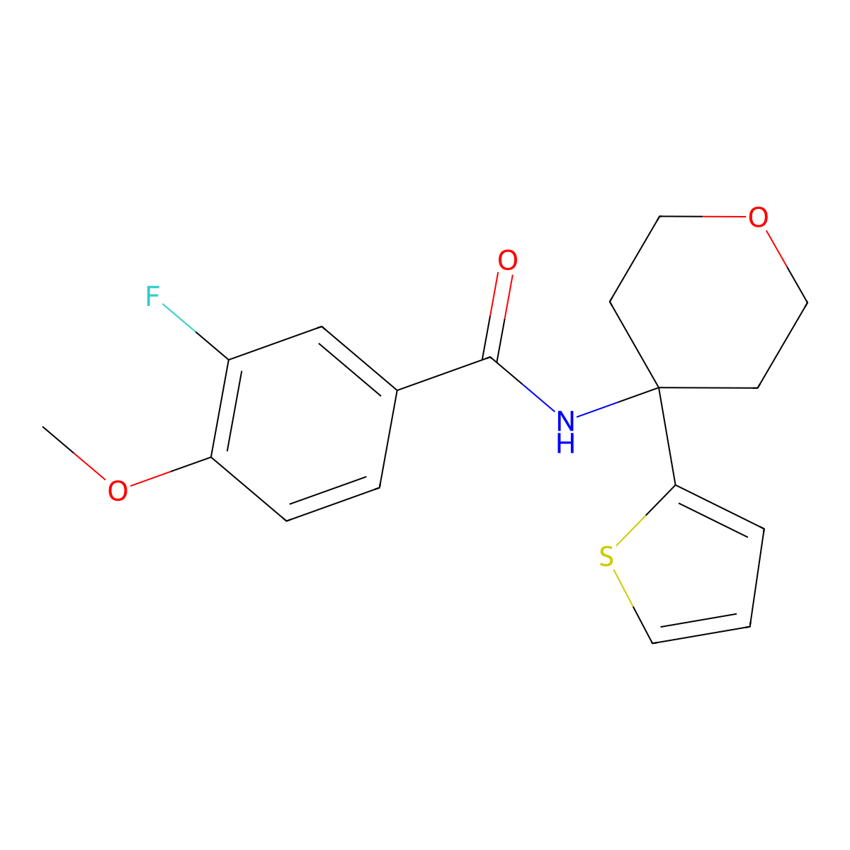 3-fluoro-4-methoxy-N-(4-(thiophen-2-yl)tetrahydro-2H-pyran-4-yl)benzamide molecular structure, CAS 2034568-08-4
