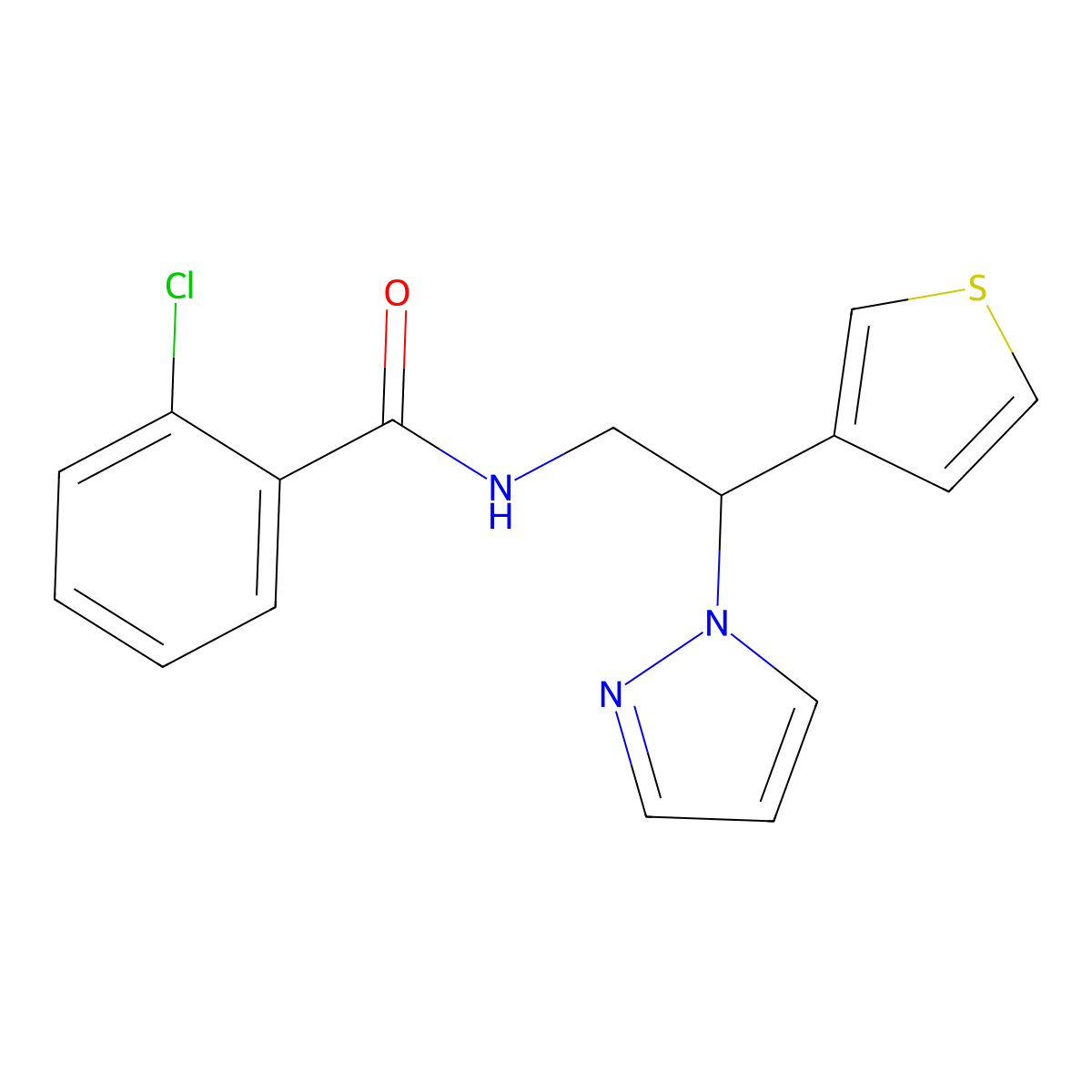 N-(2-(1H-pyrazol-1-yl)-2-(thiophen-3-yl)ethyl)-2-chlorobenzamide molecular structure, CAS 2034568-10-8