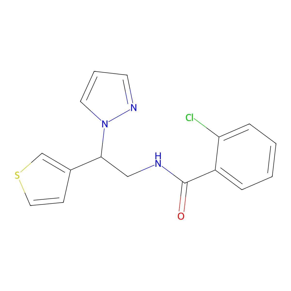 N-(2-(1H-pyrazol-1-yl)-2-(thiophen-3-yl)ethyl)-2-chlorobenzamide molecular structure, CAS 2034568-10-8