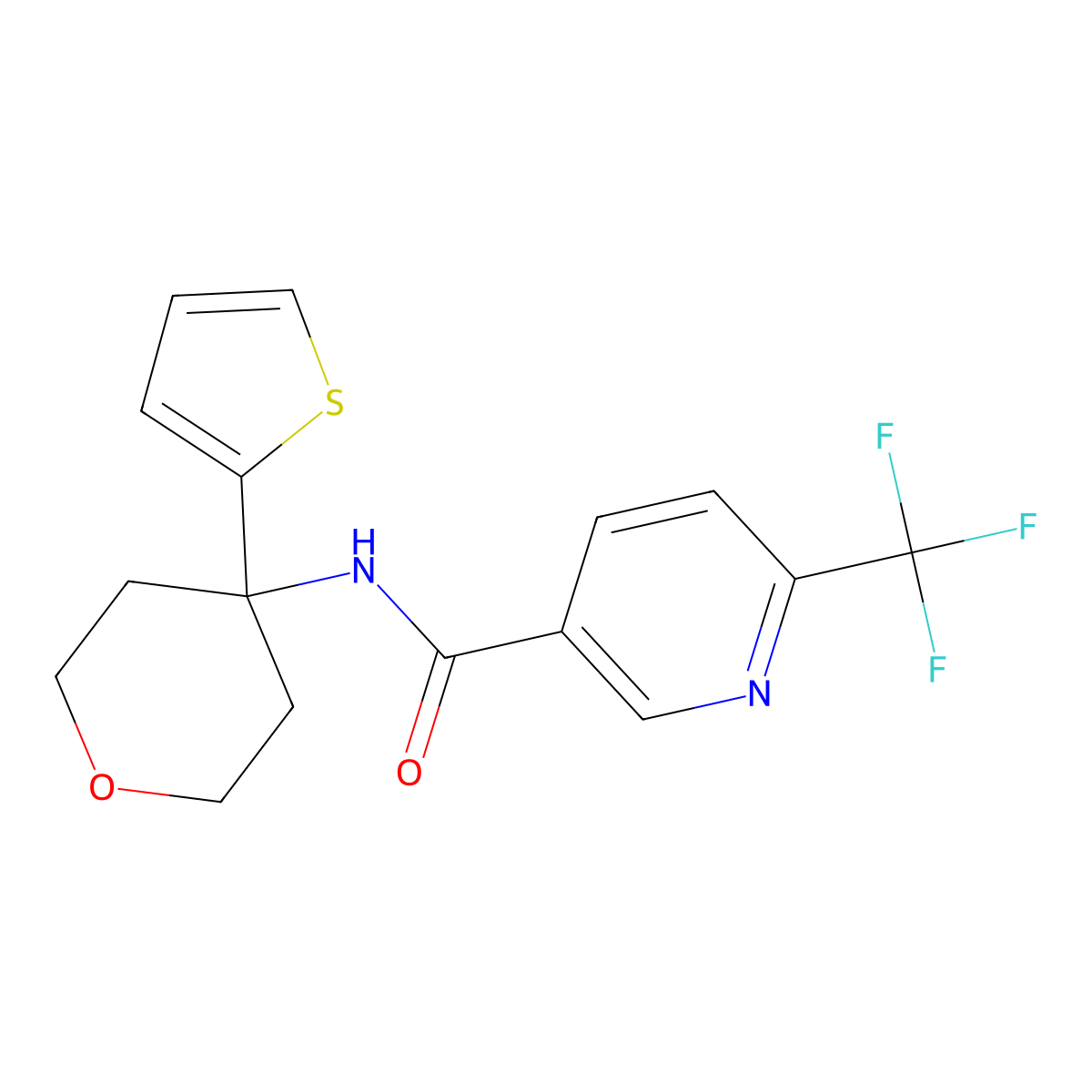 N-(4-(thiophen-2-yl)tetrahydro-2H-pyran-4-yl)-6-(trifluoromethyl)nicotinamide molecular structure, CAS 2034568-17-5