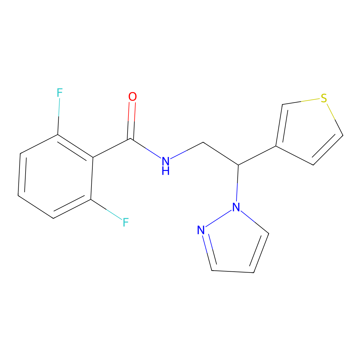 N-(2-(1H-pyrazol-1-yl)-2-(thiophen-3-yl)ethyl)-2,6-difluorobenzamide molecular structure, CAS 2034568-20-0