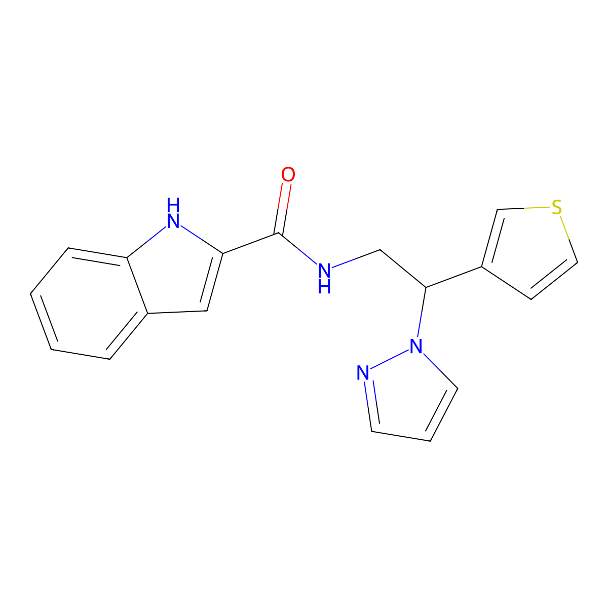 N-(2-(1H-pyrazol-1-yl)-2-(thiophen-3-yl)ethyl)-1H-indole-2-carboxamide molecular structure, CAS 2034568-37-9