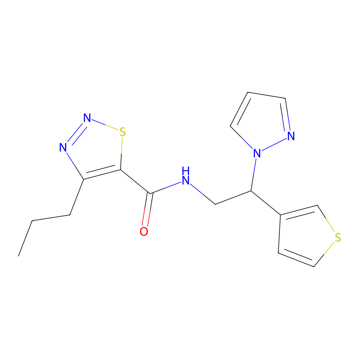 N-(2-(1H-pyrazol-1-yl)-2-(thiophen-3-yl)ethyl)-4-propyl-1,2,3-thiadiazole-5-carboxamide molecular structure, CAS 2034568-49-3