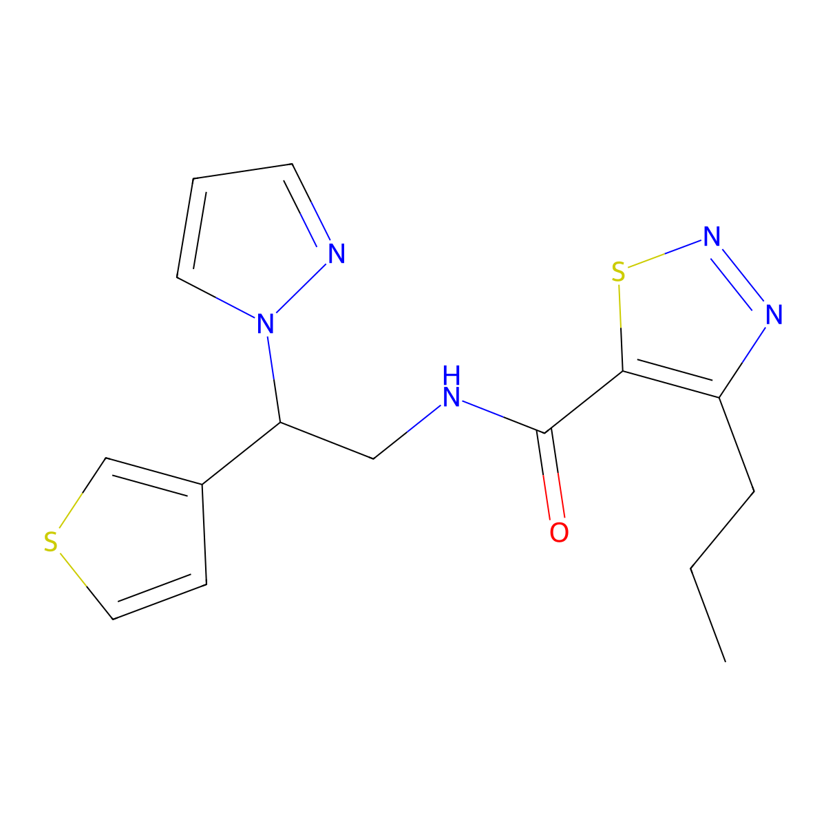N-(2-(1H-pyrazol-1-yl)-2-(thiophen-3-yl)ethyl)-4-propyl-1,2,3-thiadiazole-5-carboxamide molecular structure, CAS 2034568-49-3