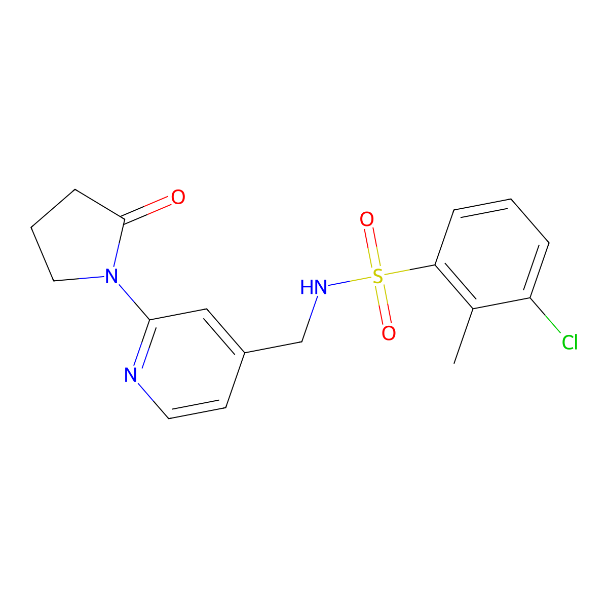 3-chloro-2-methyl-N-((2-(2-oxopyrrolidin-1-yl)pyridin-4-yl)methyl)benzenesulfonamide molecular structure, CAS 2034568-50-6
