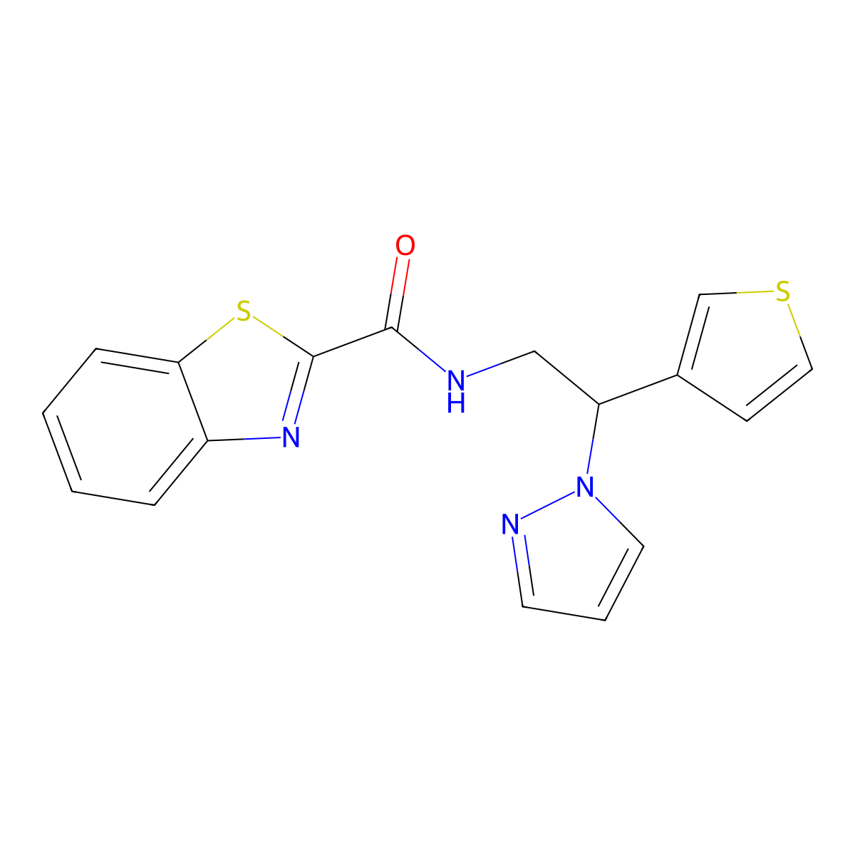 N-(2-(1H-pyrazol-1-yl)-2-(thiophen-3-yl)ethyl)benzo[d]thiazole-2-carboxamide molecular structure, CAS 2034568-54-0