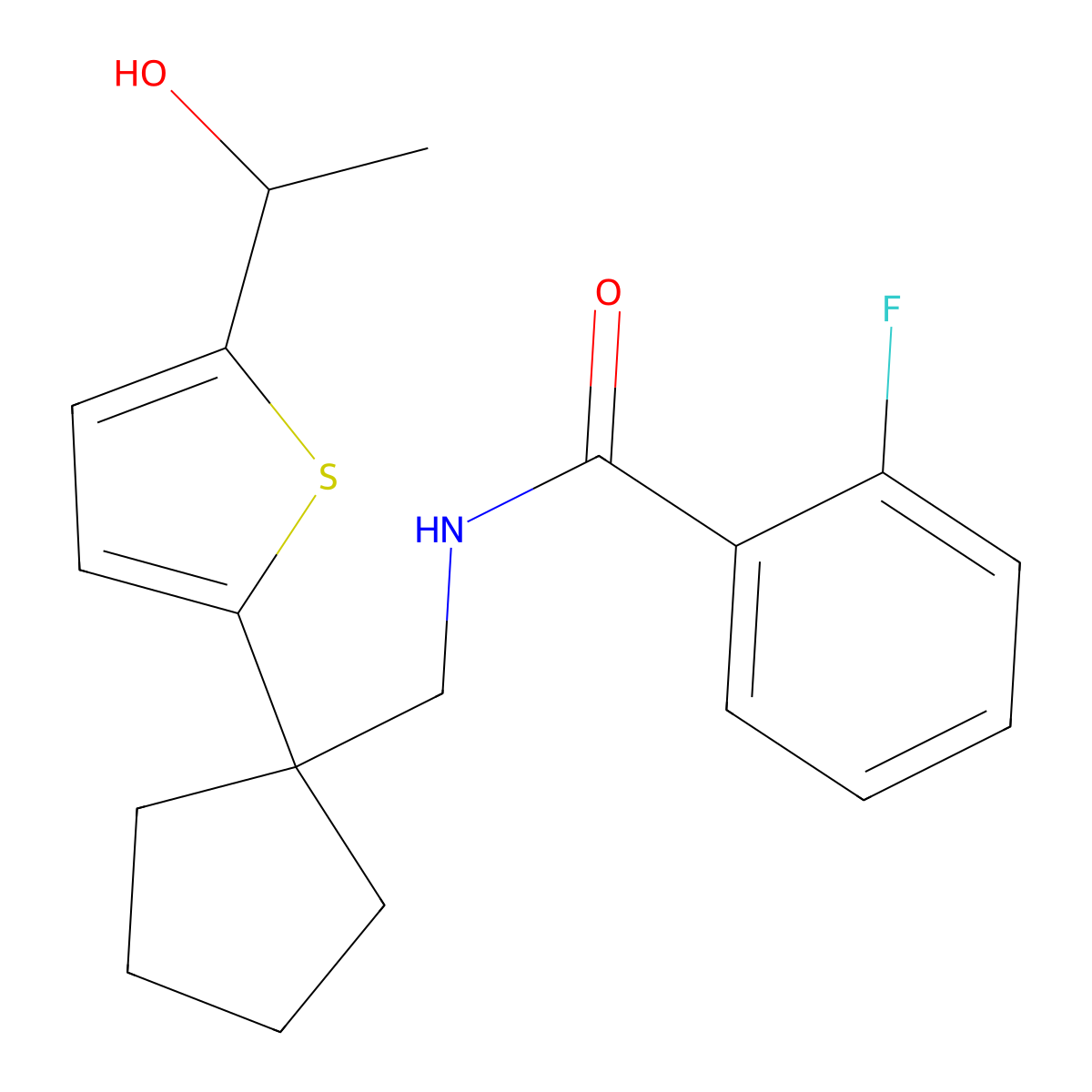 2-fluoro-N-((1-(5-(1-hydroxyethyl)thiophen-2-yl)cyclopentyl)methyl)benzamide molecular structure, CAS 2034568-55-1