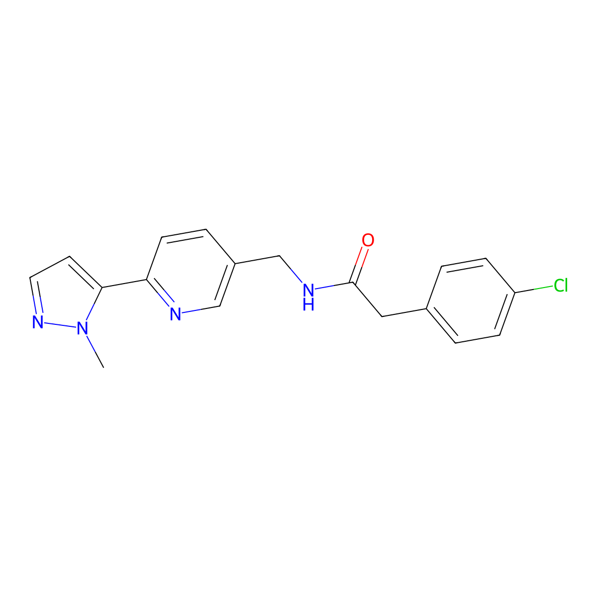 2-(4-chlorophenyl)-N-{[6-(1-methyl-1H-pyrazol-5-yl)pyridin-3-yl]methyl}acetamide molecular structure, CAS 2034568-56-2
