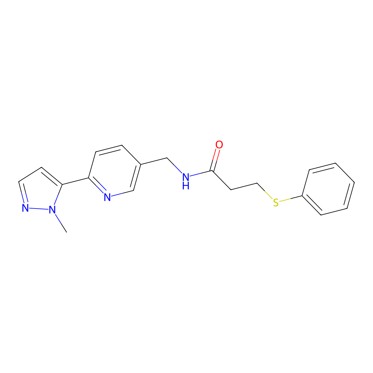 N-((6-(1-methyl-1H-pyrazol-5-yl)pyridin-3-yl)methyl)-3-(phenylthio)propanamide molecular structure, CAS 2034568-62-0