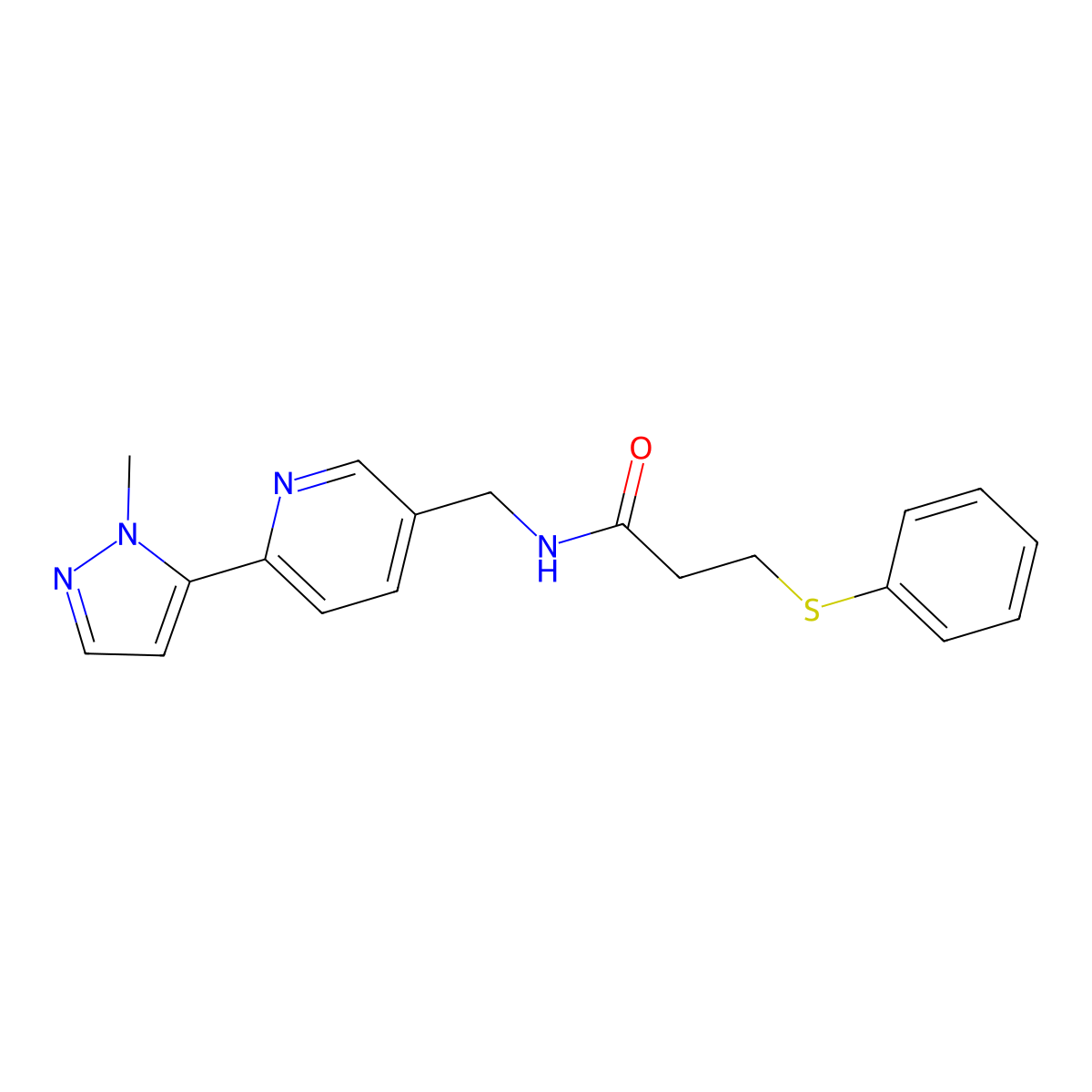 N-((6-(1-methyl-1H-pyrazol-5-yl)pyridin-3-yl)methyl)-3-(phenylthio)propanamide molecular structure, CAS 2034568-62-0