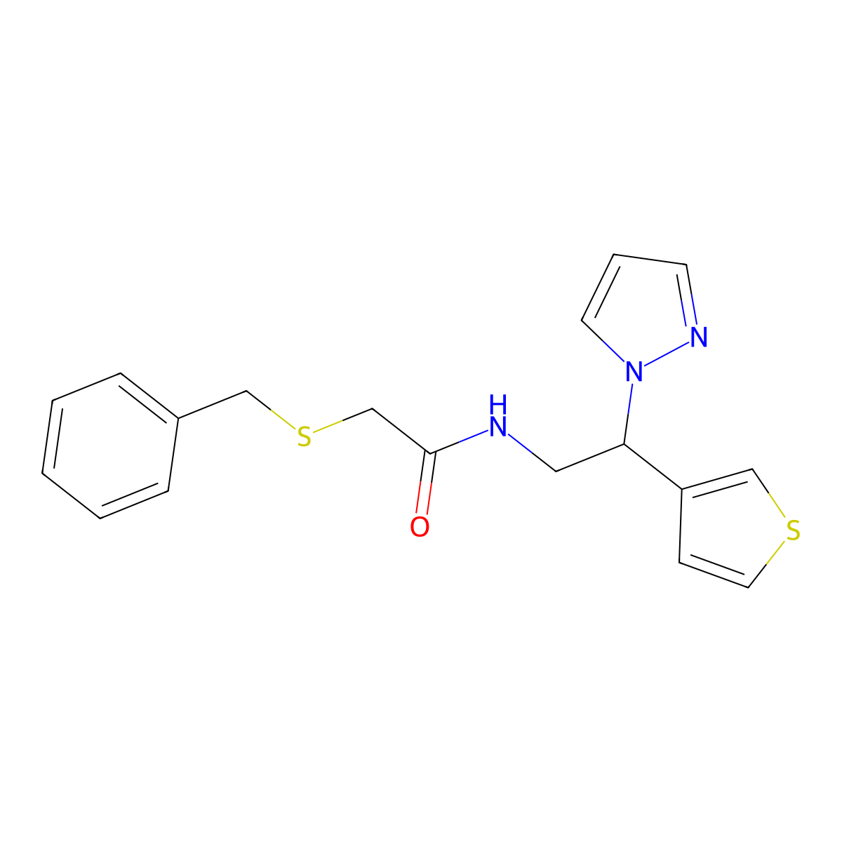 N-(2-(1H-pyrazol-1-yl)-2-(thiophen-3-yl)ethyl)-2-(benzylthio)acetamide molecular structure, CAS 2034568-63-1