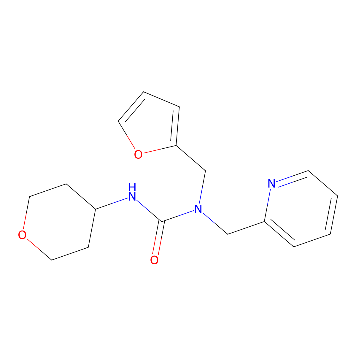 1-(furan-2-ylmethyl)-1-(pyridin-2-ylmethyl)-3-(tetrahydro-2H-pyran-4-yl)urea molecular structure, CAS 2034568-65-3