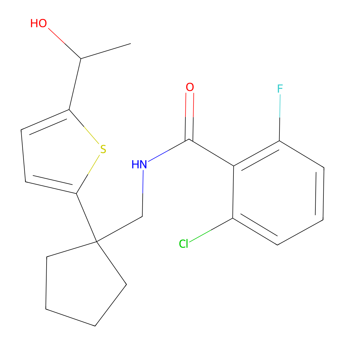 2-chloro-6-fluoro-N-((1-(5-(1-hydroxyethyl)thiophen-2-yl)cyclopentyl)methyl)benzamide molecular structure, CAS 2034568-71-1