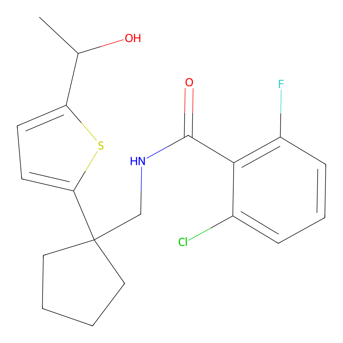 2-chloro-6-fluoro-N-((1-(5-(1-hydroxyethyl)thiophen-2-yl)cyclopentyl)methyl)benzamide molecular structure, CAS 2034568-71-1