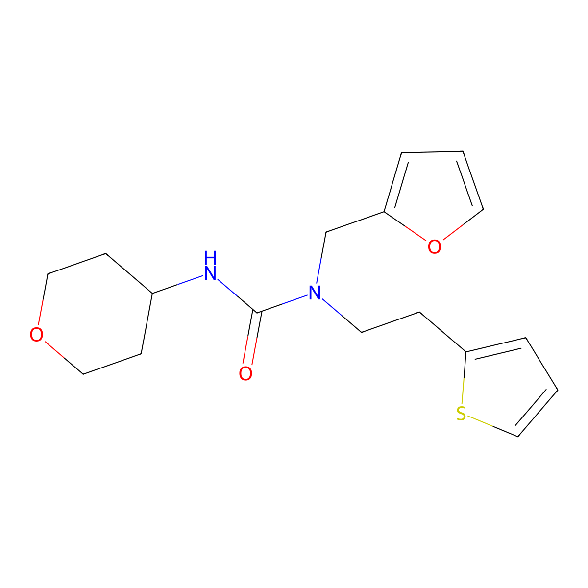 1-(furan-2-ylmethyl)-3-(tetrahydro-2H-pyran-4-yl)-1-(2-(thiophen-2-yl)ethyl)urea molecular structure, CAS 2034568-75-5