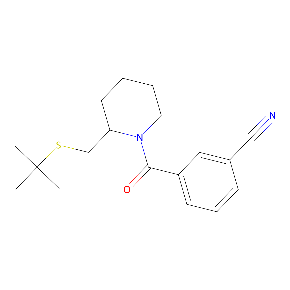 3-(2-((Tert-butylthio)methyl)piperidine-1-carbonyl)benzonitrile molecular structure, CAS 2034568-77-7