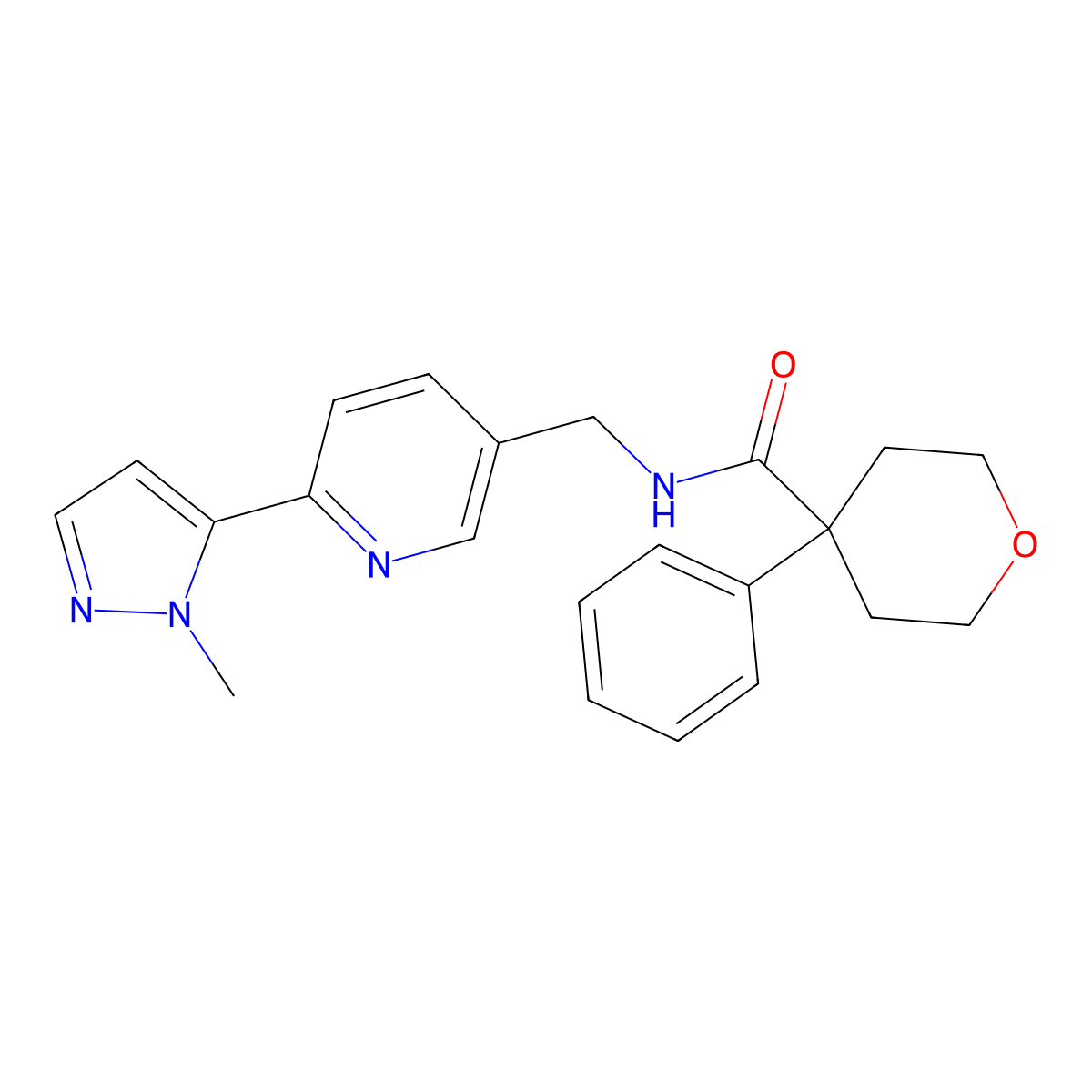 N-((6-(1-methyl-1H-pyrazol-5-yl)pyridin-3-yl)methyl)-4-phenyltetrahydro-2H-pyran-4-carboxamide molecular structure, CAS 2034568-78-8
