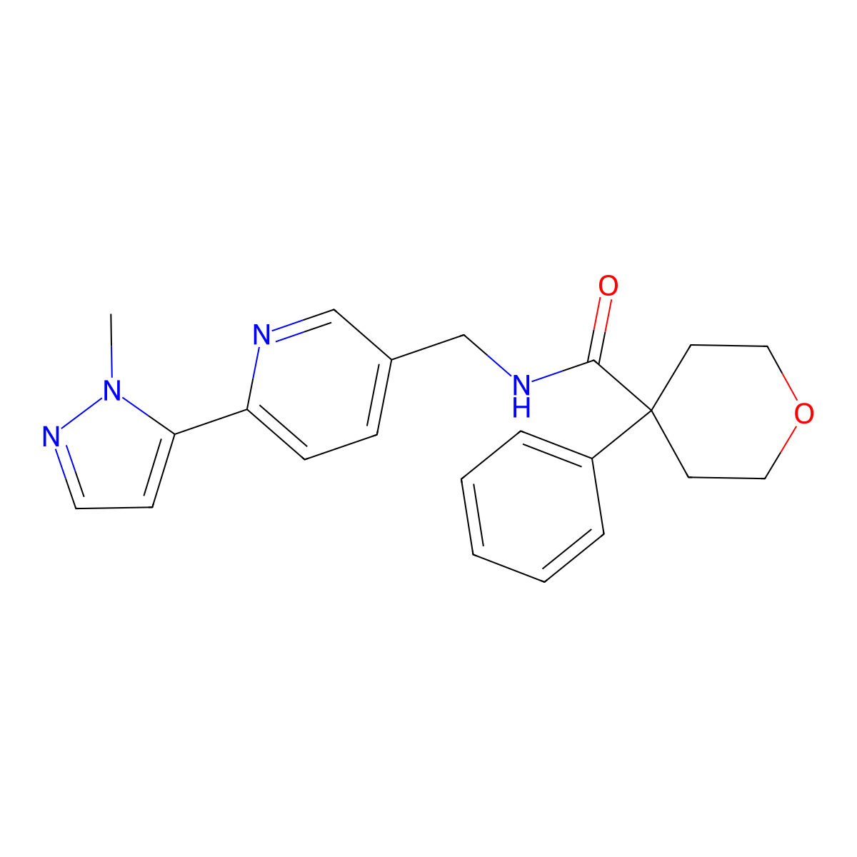 N-((6-(1-methyl-1H-pyrazol-5-yl)pyridin-3-yl)methyl)-4-phenyltetrahydro-2H-pyran-4-carboxamide molecular structure, CAS 2034568-78-8