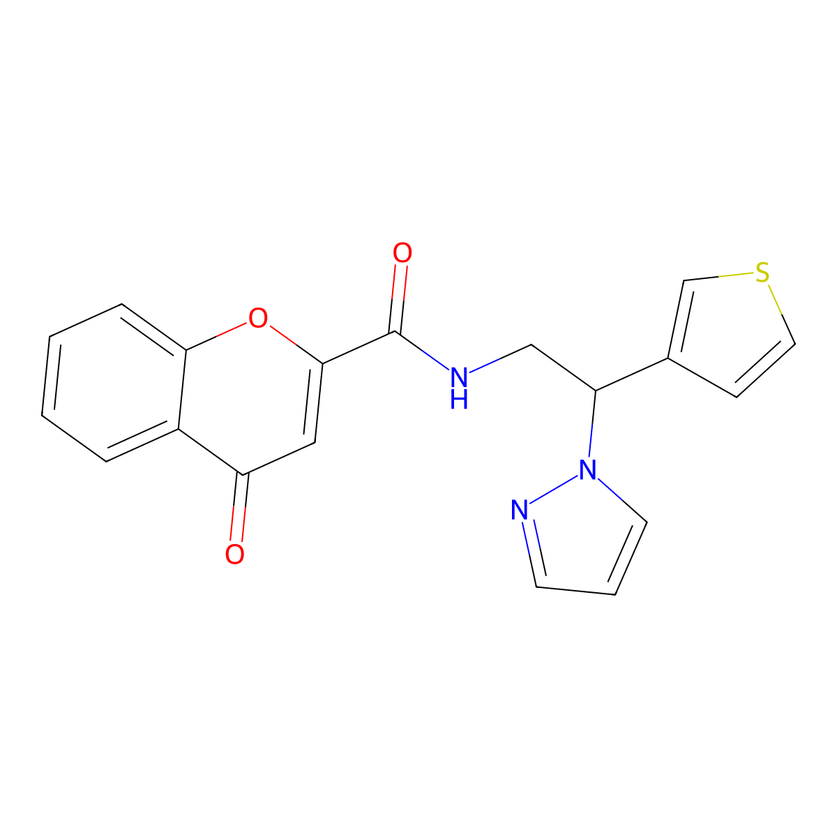 N-(2-(1H-pyrazol-1-yl)-2-(thiophen-3-yl)ethyl)-4-oxo-4H-chromene-2-carboxamide molecular structure, CAS 2034568-79-9
