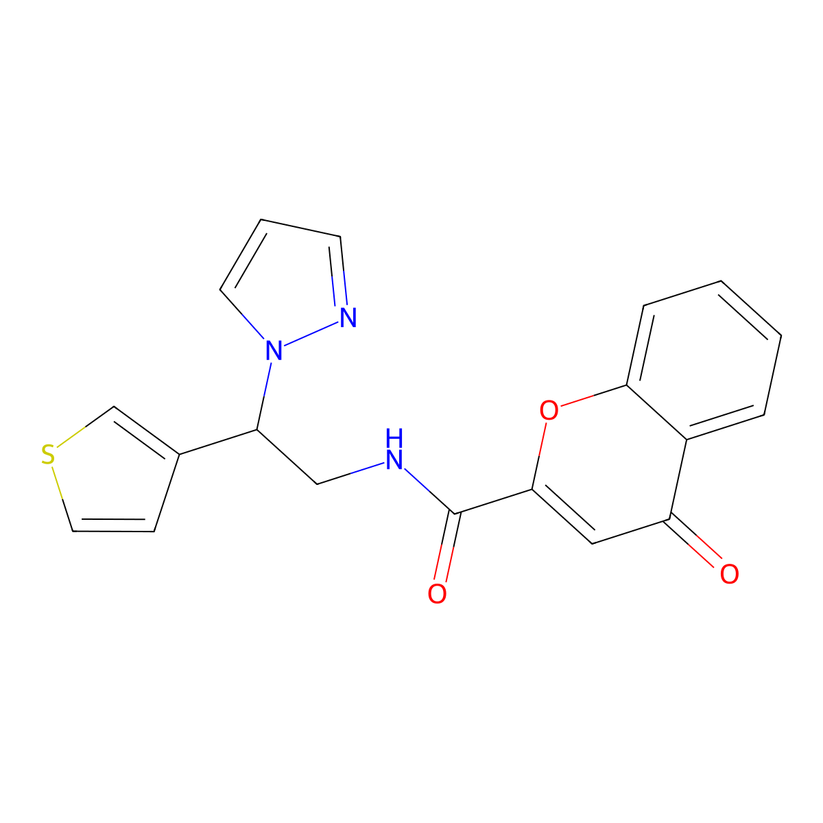 N-(2-(1H-pyrazol-1-yl)-2-(thiophen-3-yl)ethyl)-4-oxo-4H-chromene-2-carboxamide molecular structure, CAS 2034568-79-9