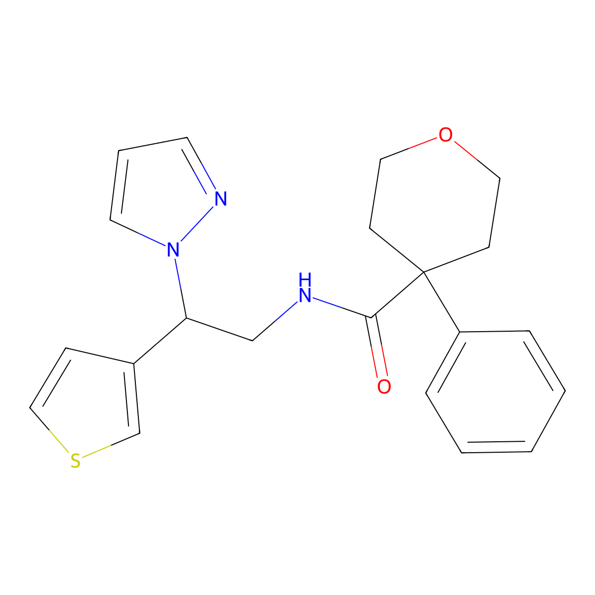 N-(2-(1H-pyrazol-1-yl)-2-(thiophen-3-yl)ethyl)-4-phenyltetrahydro-2H-pyran-4-carboxamide molecular structure, CAS 2034568-93-7