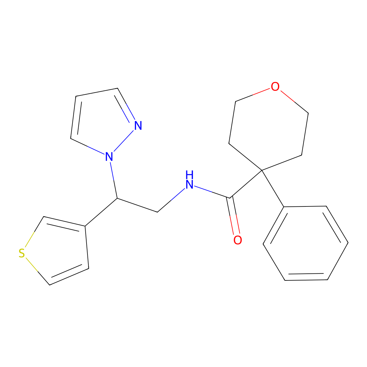 N-(2-(1H-pyrazol-1-yl)-2-(thiophen-3-yl)ethyl)-4-phenyltetrahydro-2H-pyran-4-carboxamide molecular structure, CAS 2034568-93-7