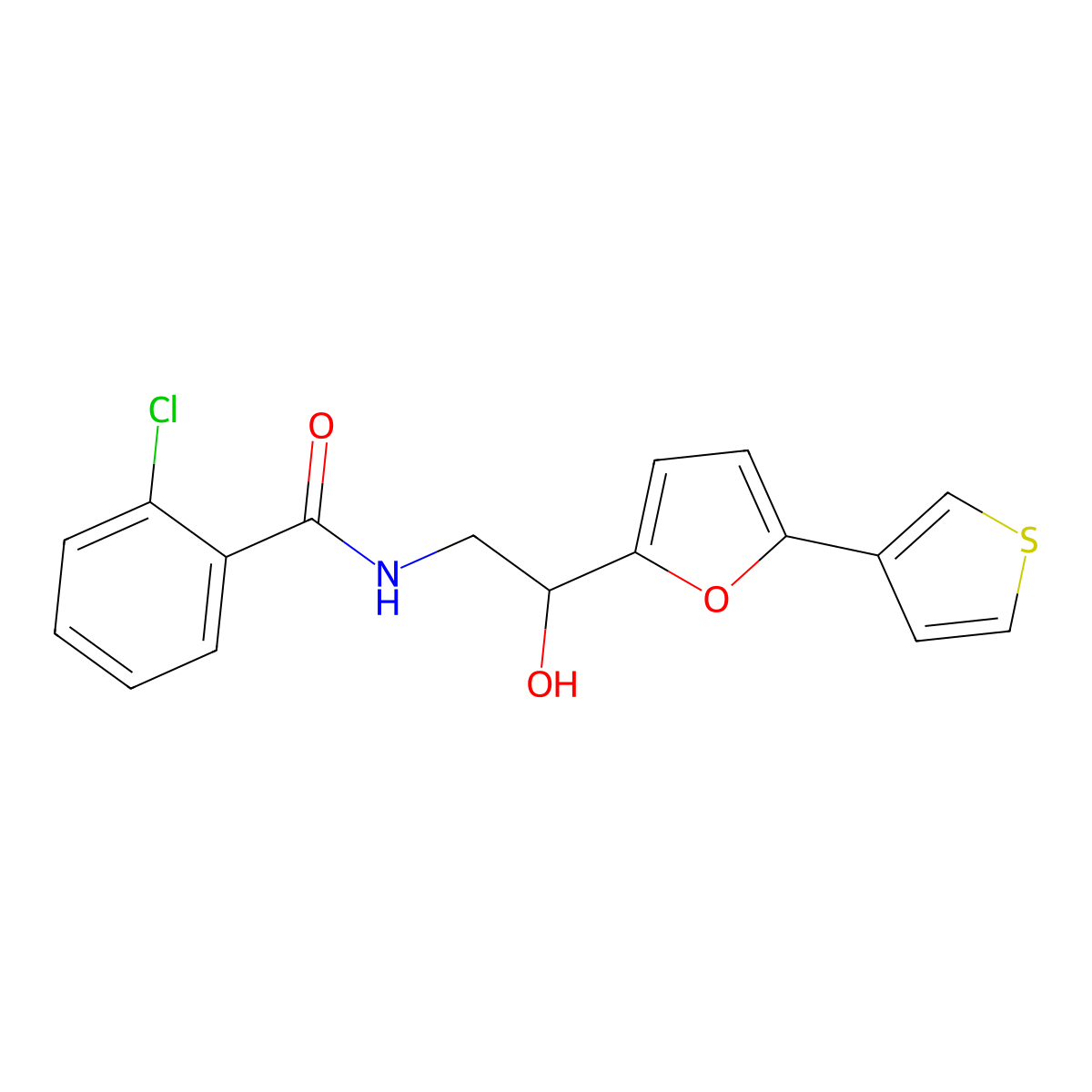 2-chloro-N-(2-hydroxy-2-(5-(thiophen-3-yl)furan-2-yl)ethyl)benzamide molecular structure, CAS 2034569-01-0