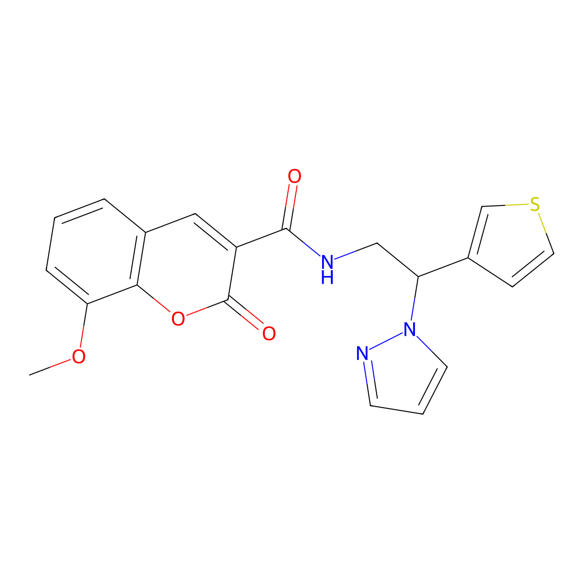 N-(2-(1H-pyrazol-1-yl)-2-(thiophen-3-yl)ethyl)-8-methoxy-2-oxo-2H-chromene-3-carboxamide molecular structure, CAS 2034569-08-7