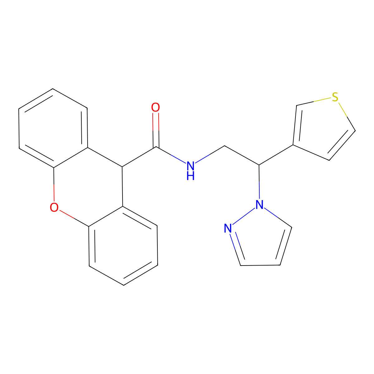 N-(2-(1H-pyrazol-1-yl)-2-(thiophen-3-yl)ethyl)-9H-xanthene-9-carboxamide molecular structure, CAS 2034569-17-8