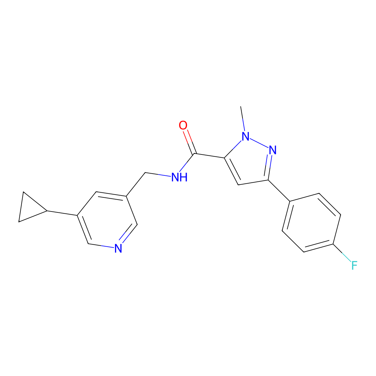 N-[(5-cyclopropylpyridin-3-yl)methyl]-3-(4-fluorophenyl)-1-methyl-1H-pyrazole-5-carboxamide molecular structure, CAS 2034569-21-4
