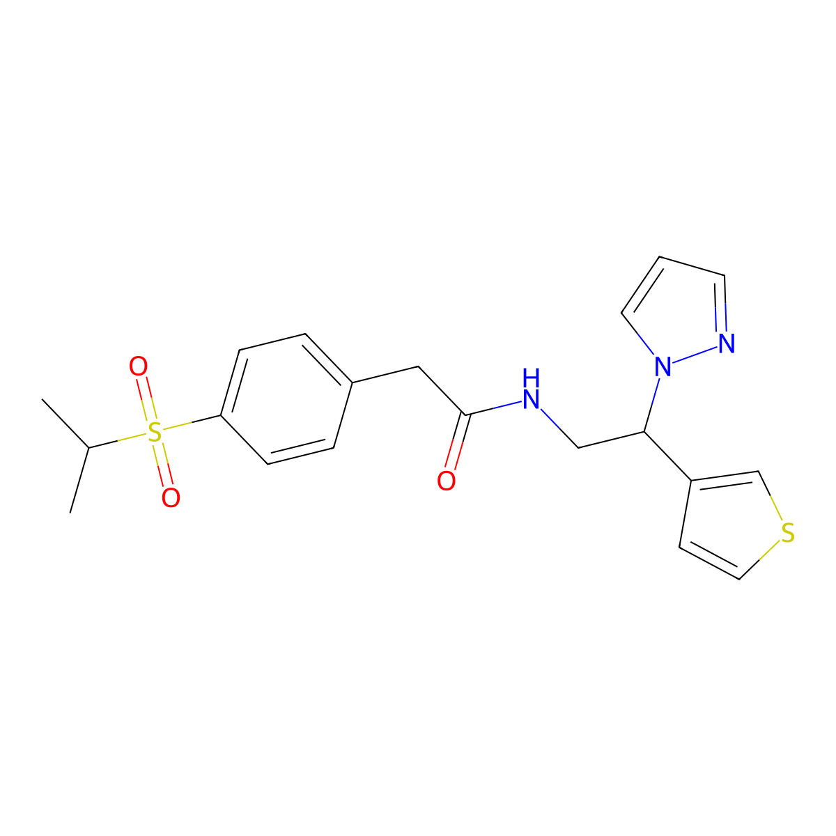 N-(2-(1H-pyrazol-1-yl)-2-(thiophen-3-yl)ethyl)-2-(4-(isopropylsulfonyl)phenyl)acetamide molecular structure, CAS 2034569-25-8