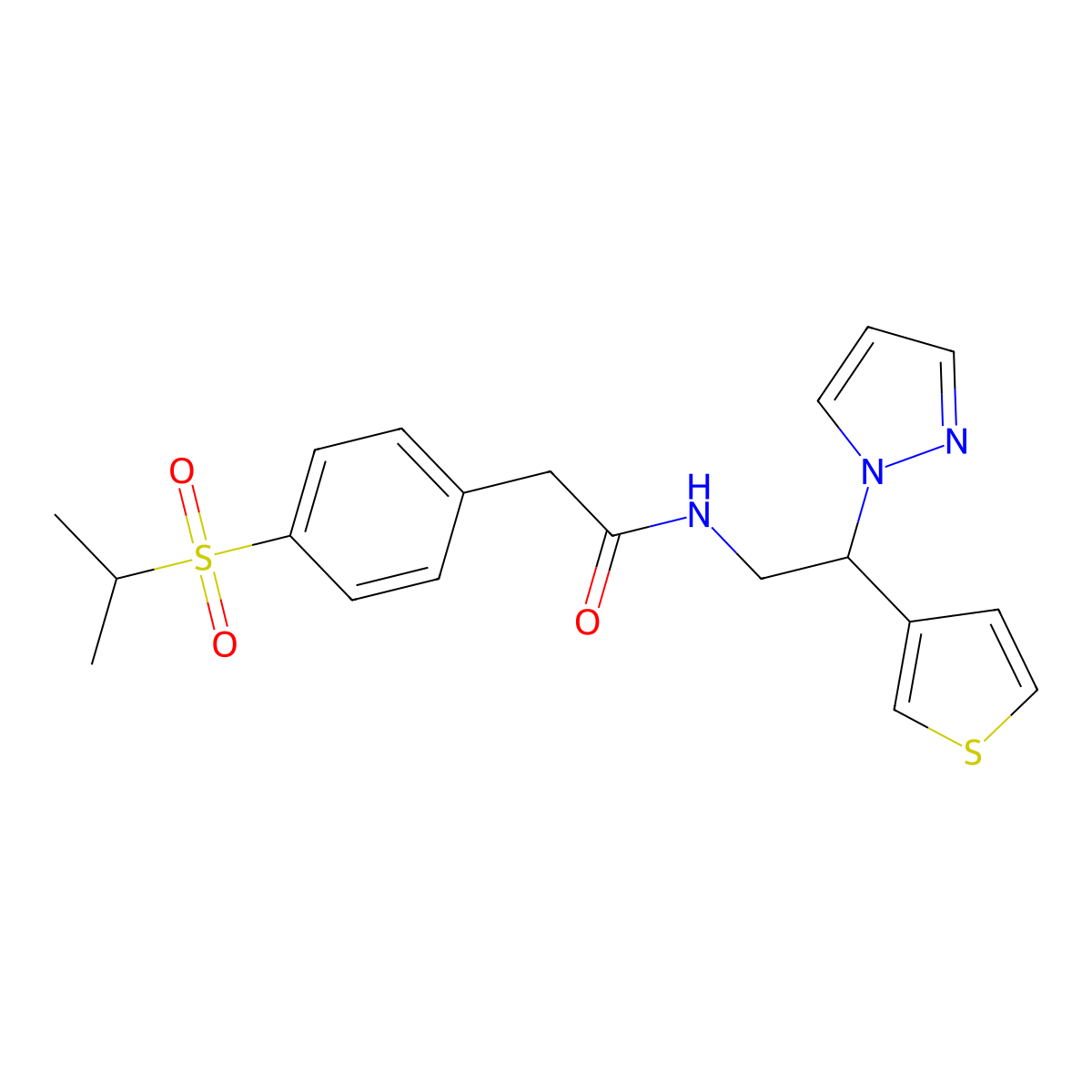 N-(2-(1H-pyrazol-1-yl)-2-(thiophen-3-yl)ethyl)-2-(4-(isopropylsulfonyl)phenyl)acetamide molecular structure, CAS 2034569-25-8