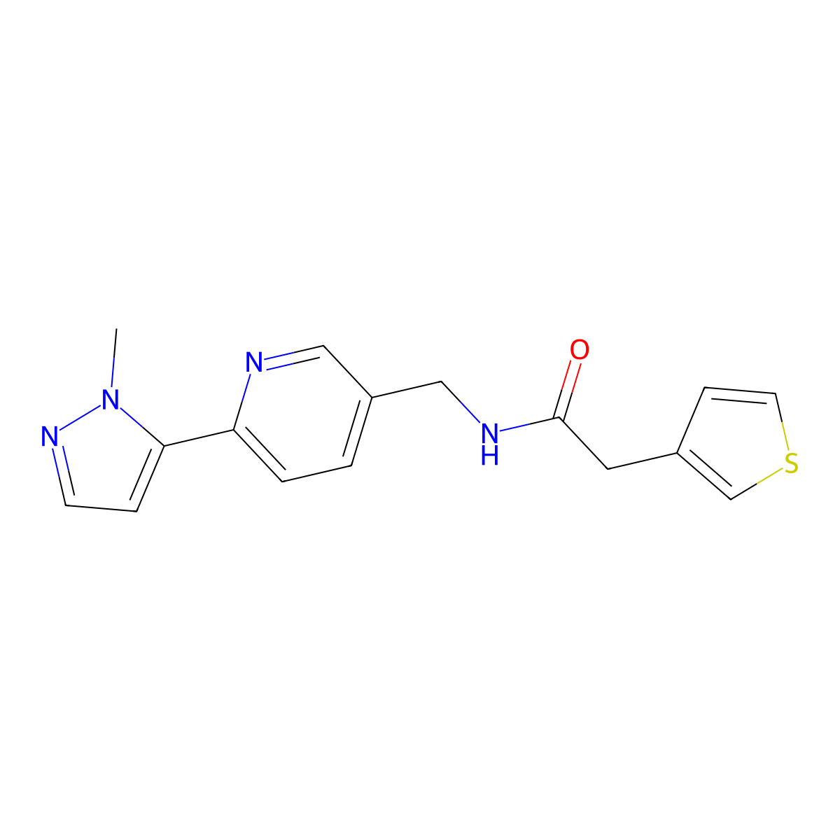 N-((6-(1-methyl-1H-pyrazol-5-yl)pyridin-3-yl)methyl)-2-(thiophen-3-yl)acetamide molecular structure, CAS 2034569-28-1