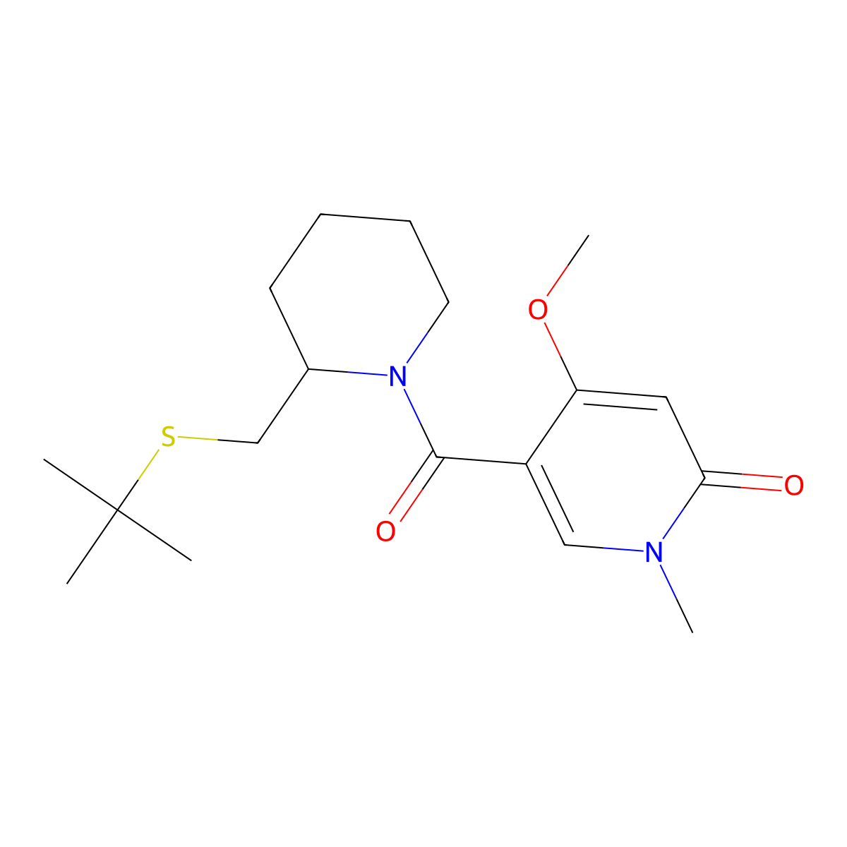5-(2-((tert-butylthio)methyl)piperidine-1-carbonyl)-4-methoxy-1-methylpyridin-2(1H)-one molecular structure, CAS 2034569-31-6