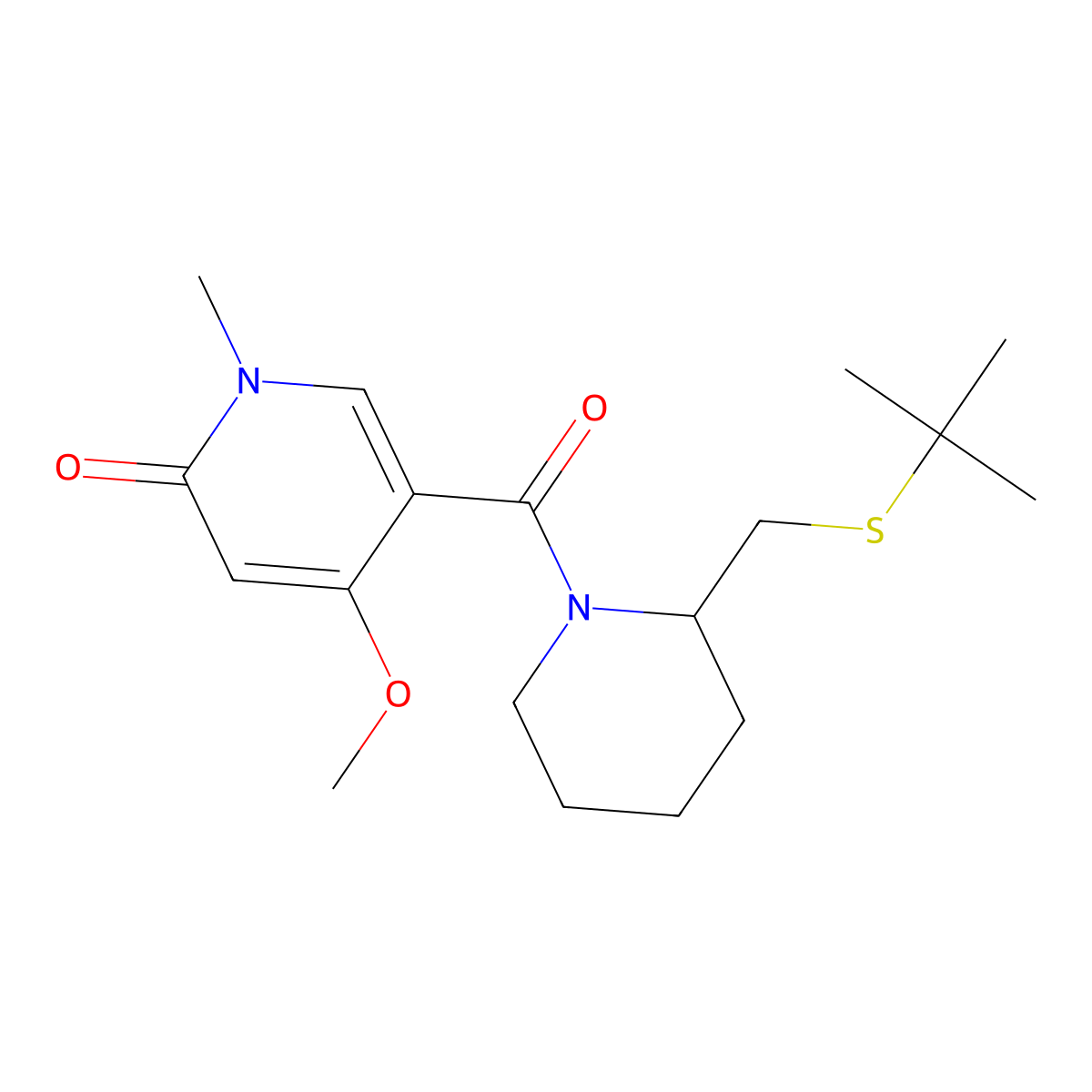 5-(2-((tert-butylthio)methyl)piperidine-1-carbonyl)-4-methoxy-1-methylpyridin-2(1H)-one molecular structure, CAS 2034569-31-6
