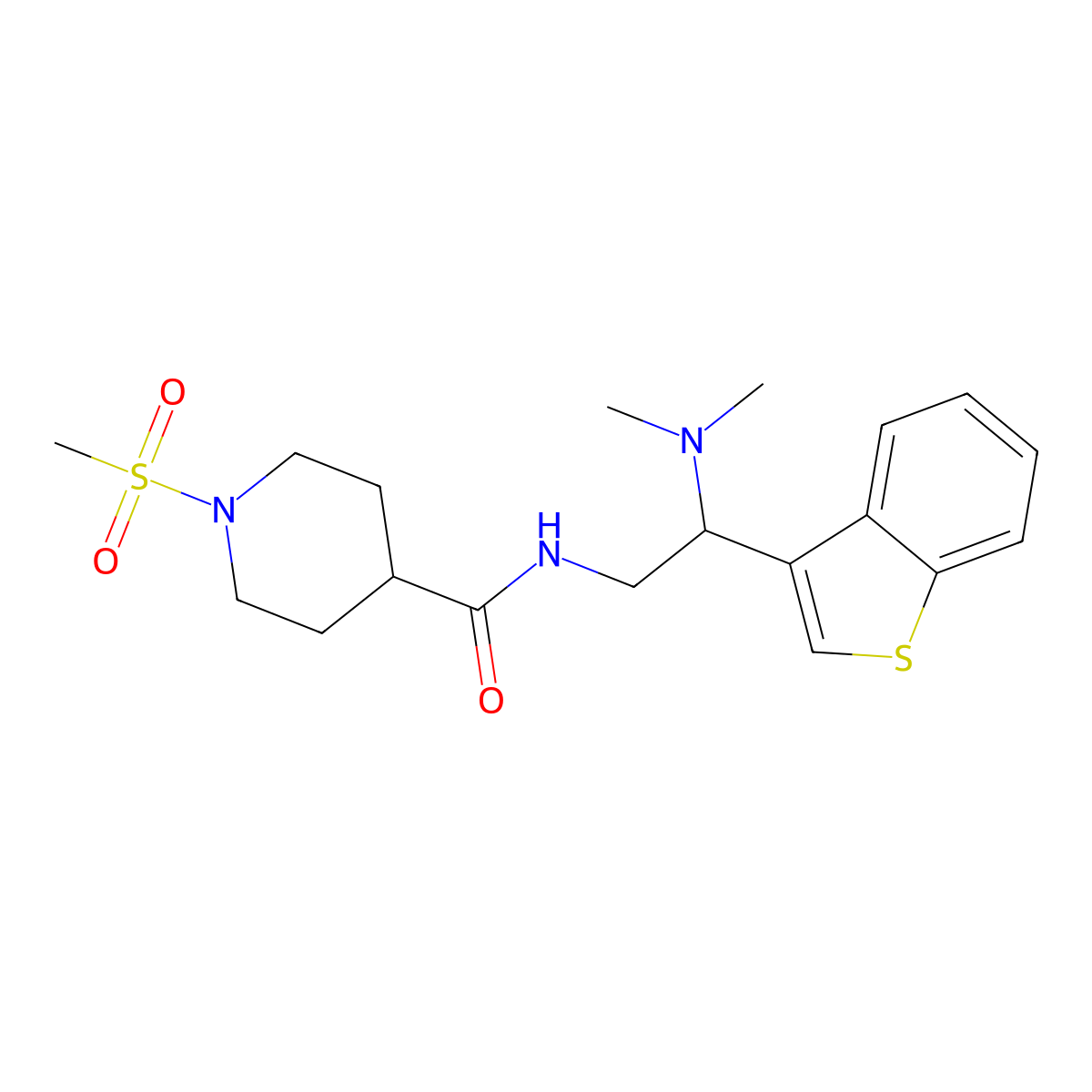 N-(2-(benzo[b]thiophen-3-yl)-2-(dimethylamino)ethyl)-1-(methylsulfonyl)piperidine-4-carboxamide molecular structure, CAS 2034569-33-8