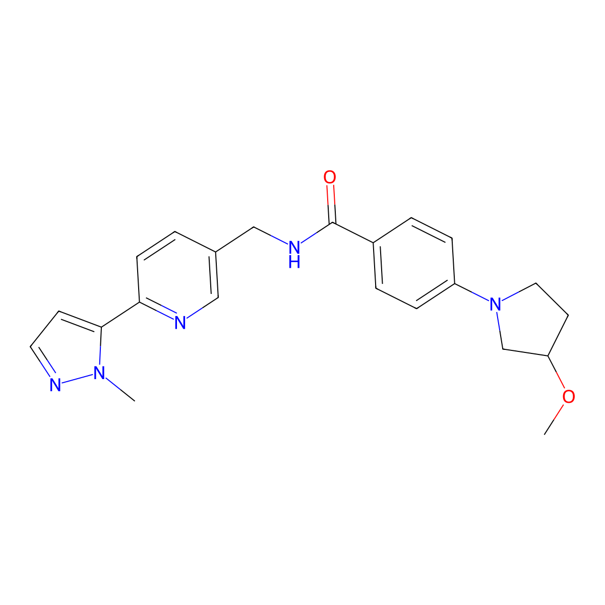 4-(3-methoxypyrrolidin-1-yl)-N-{[6-(1-methyl-1H-pyrazol-5-yl)pyridin-3-yl]methyl}benzamide molecular structure, CAS 2034569-34-9