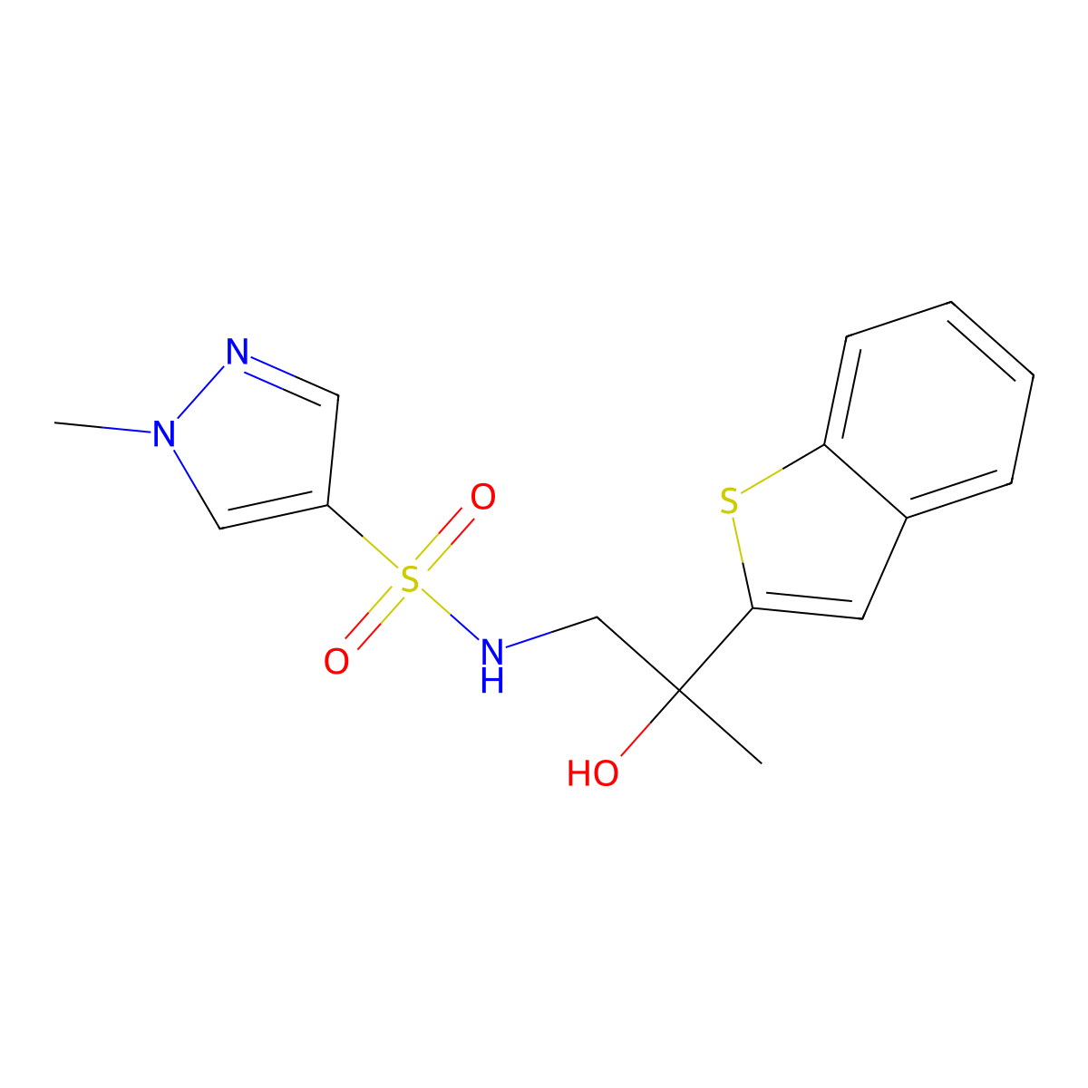 N-(2-(benzo[b]thiophen-2-yl)-2-hydroxypropyl)-1-methyl-1H-pyrazole-4-sulfonamide molecular structure, CAS 2034569-36-1