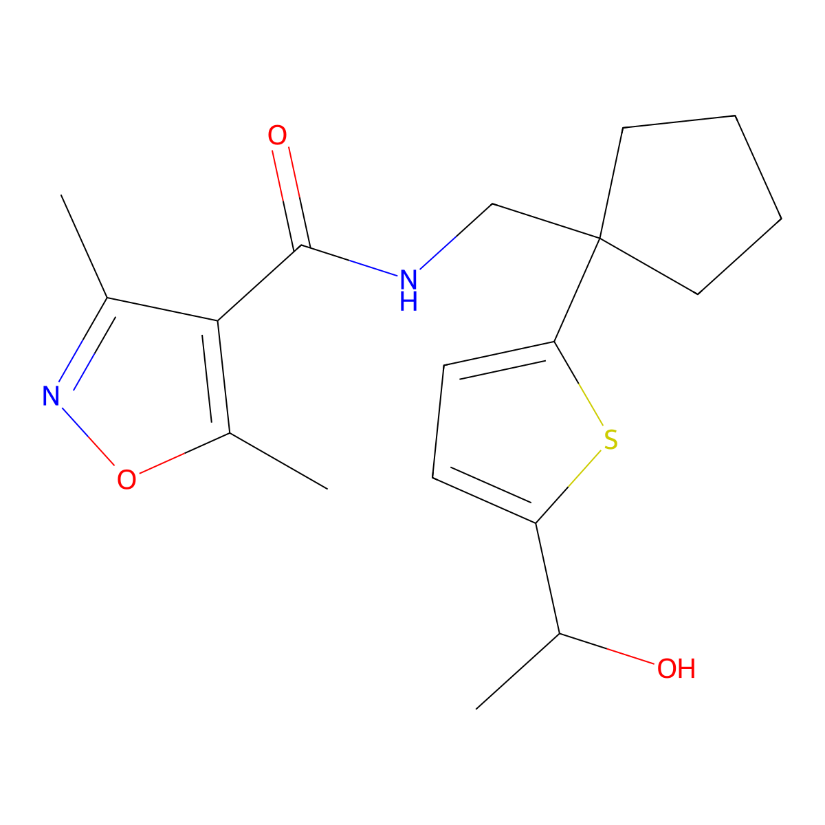 N-((1-(5-(1-hydroxyethyl)thiophen-2-yl)cyclopentyl)methyl)-3,5-dimethylisoxazole-4-carboxamide molecular structure, CAS 2034569-37-2